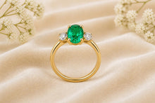 Load image into Gallery viewer, One carat Emerald and Diamond Trilogy Ring set in 18ct Yellow Gold
