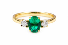 Load image into Gallery viewer, One carat Emerald and Diamond Trilogy Ring set in 18ct Yellow Gold