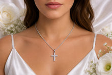 Load image into Gallery viewer, Small Two Rows Diamonds set Cross, Measures 29 mm long, choice of Yellow or White Gold