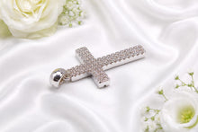 Load image into Gallery viewer, Small Two Rows Diamonds set Cross, Measures 29 mm long, choice of Yellow or White Gold