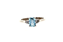 Load image into Gallery viewer, Natural Aquamarine and Diamond Trilogy ring, Made from 9ct white gold.Emerald cut 0.81ct Real Aquamarine and 0.11ct Natural Diamonds.