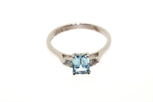 Load image into Gallery viewer, Natural Aquamarine and Diamond Trilogy ring, Made from 9ct white gold.Emerald cut 0.81ct Real Aquamarine and 0.11ct Natural Diamonds.