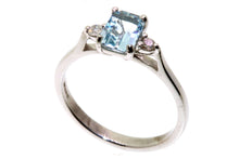 Load image into Gallery viewer, Natural Aquamarine and Diamond Trilogy ring, Made from 9ct white gold.Emerald cut 0.81ct Real Aquamarine and 0.11ct Natural Diamonds.