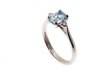 Load image into Gallery viewer, Natural Aquamarine and Diamond Trilogy ring, Made from 9ct white gold.Emerald cut 0.81ct Real Aquamarine and 0.11ct Natural Diamonds.