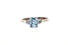 Load image into Gallery viewer, Natural Aquamarine and Diamond Trilogy ring, Made from 9ct white gold.Emerald cut 0.81ct Real Aquamarine and 0.11ct Natural Diamonds.