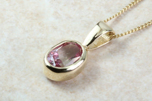 9ct Yellow Gold Pink Topaz Necklace.Natural Oval Topaz Pendant and Chain.November birthstone.Sagittarius zodiac Gem.16th,18th,21st Gift