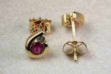 Load image into Gallery viewer, Natural Burmese Ruby Stud Earrings. 18ct Yellow Gold Burma Rubies and Natural Diamonds Set Earrings. Ruby Anniversary Or Christmas Gift