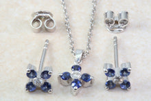 Load image into Gallery viewer, Natural Blue Sapphire and Natural Diamonds Earrings and Pendant Set. 18ct Gold White.Sapphire and Diamonds Complete Set with 18ct Gold Chain