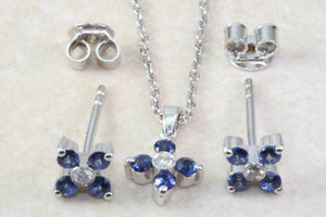 Natural Blue Sapphire and Natural Diamonds Earrings and Pendant Set. 18ct Gold White.Sapphire and Diamonds Complete Set with 18ct Gold Chain