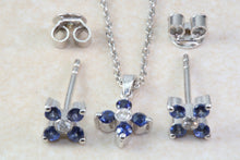 Load image into Gallery viewer, Natural Blue Sapphire and Natural Diamonds Earrings and Pendant Set. 18ct Gold White.Sapphire and Diamonds Complete Set with 18ct Gold Chain