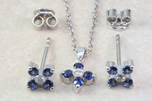 Natural Blue Sapphire and Natural Diamonds Earrings and Pendant Set. 18ct Gold White.Sapphire and Diamonds Complete Set with 18ct Gold Chain