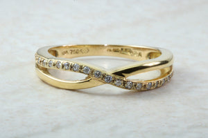 Natural Diamond Cross Over Ring. 18ct Yellow Gold and Round Diamond Set Band. Perfect Gift for any Celebration.