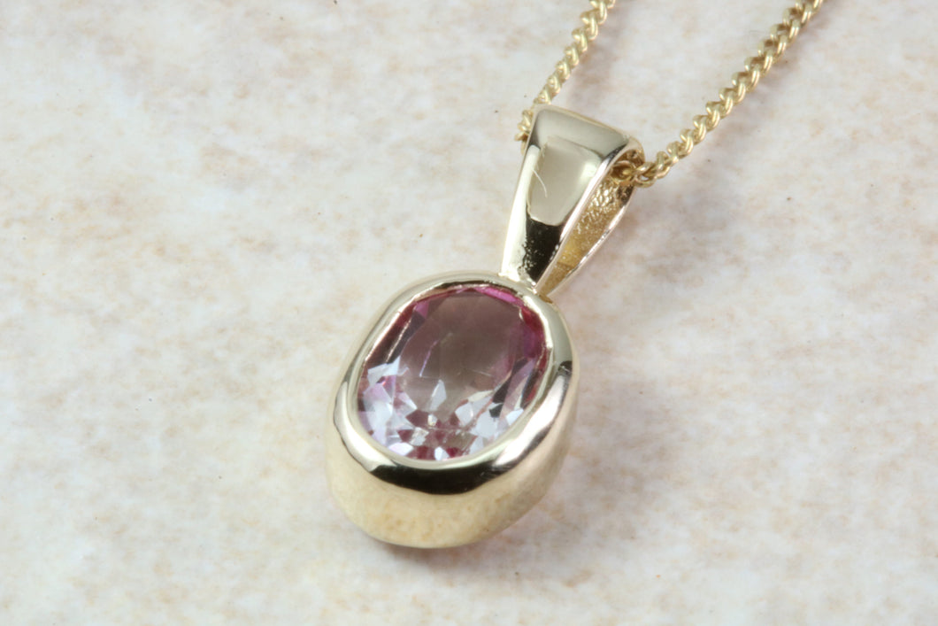 9ct Yellow Gold Pink Topaz Necklace.Natural Oval Topaz Pendant and Chain.November birthstone.Sagittarius zodiac Gem.16th,18th,21st Gift