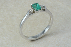Natural Emerald and Diamond Trilogy Ring. 9ct White Gold Engagement Ring.Emerald Diamond Promise Ring.Birthday or Anniversary Gift
