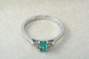Natural Emerald and Diamond Trilogy Ring. 9ct White Gold Engagement Ring.Emerald Diamond Promise Ring.Birthday or Anniversary Gift