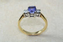 Load image into Gallery viewer, Natural AAA Grade Tanzanite and Diamond Trilogy Ring. 18ct Yellow and White Gold Engagement Ring. Promise Ring.Birthday or Anniversary Gift