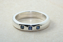Load image into Gallery viewer, Natural Blue Sapphire Band, Silver Heavy Ring. 3 x Real Blue Square Cut Sapphires. Perfect Birthday,Anniversary,Graduation Gift Idea.