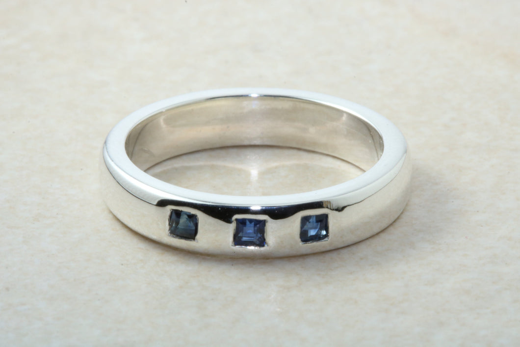 Natural Blue Sapphire Band, Silver Heavy Ring. 3 x Real Blue Square Cut Sapphires. Perfect Birthday,Anniversary,Graduation Gift Idea.