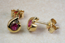 Load image into Gallery viewer, Natural Burmese Ruby Stud Earrings. 18ct Yellow Gold Burma Rubies and Natural Diamonds Set Earrings. Ruby Anniversary Or Christmas Gift
