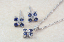 Load image into Gallery viewer, Natural Blue Sapphire and Natural Diamonds Earrings and Pendant Set. 18ct Gold White.Sapphire and Diamonds Complete Set with 18ct Gold Chain