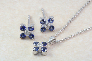 Natural Blue Sapphire and Natural Diamonds Earrings and Pendant Set. 18ct Gold White.Sapphire and Diamonds Complete Set with 18ct Gold Chain