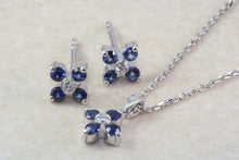 Load image into Gallery viewer, Natural Blue Sapphire and Natural Diamonds Earrings and Pendant Set. 18ct Gold White.Sapphire and Diamonds Complete Set with 18ct Gold Chain