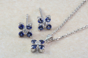 Natural Blue Sapphire and Natural Diamonds Earrings and Pendant Set. 18ct Gold White.Sapphire and Diamonds Complete Set with 18ct Gold Chain