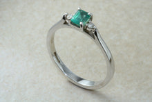 Load image into Gallery viewer, Natural Emerald and Diamond Trilogy Ring. 9ct White Gold Engagement Ring.Emerald Diamond Promise Ring.Birthday or Anniversary Gift