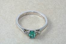 Load image into Gallery viewer, Natural Emerald and Diamond Trilogy Ring. 9ct White Gold Engagement Ring.Emerald Diamond Promise Ring.Birthday or Anniversary Gift