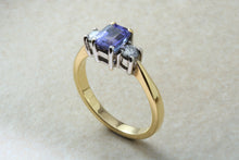 Load image into Gallery viewer, Natural AAA Grade Tanzanite and Diamond Trilogy Ring. 18ct Yellow and White Gold Engagement Ring. Promise Ring.Birthday or Anniversary Gift
