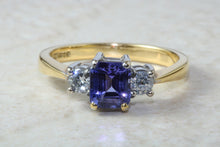 Load image into Gallery viewer, Natural AAA Grade Tanzanite and Diamond Trilogy Ring. 18ct Yellow and White Gold Engagement Ring. Promise Ring.Birthday or Anniversary Gift