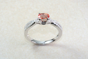 Natural Orange Sapphire and Diamond set Ring. Oval Pink Sapphire on Cross Over Diamond Ring. Engagement, Dress, Anniversary ,Statement Ring