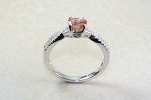 Natural Orange Sapphire and Diamond set Ring. Oval Pink Sapphire on Cross Over Diamond Ring. Engagement, Dress, Anniversary ,Statement Ring