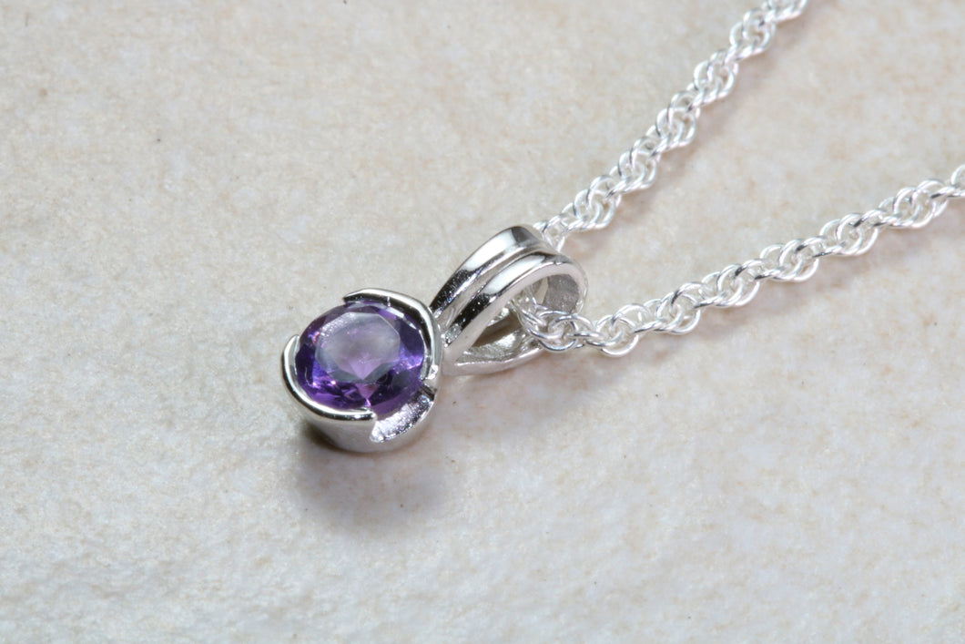 Natural Amethyst Necklace.Sterling Silver with 4.00 mm Round Amethyst Pendant Chain, birthday, anniversary or graduation gift