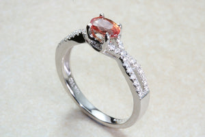 Natural Orange Sapphire and Diamond set Ring. Oval Pink Sapphire on Cross Over Diamond Ring. Engagement, Dress, Anniversary ,Statement Ring