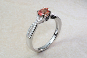 Natural Orange Sapphire and Diamond set Ring. Oval Pink Sapphire on Cross Over Diamond Ring. Engagement, Dress, Anniversary ,Statement Ring
