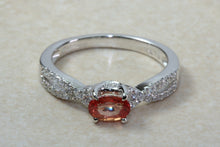 Load image into Gallery viewer, Natural Orange Sapphire and Diamond set Ring. Oval Pink Sapphire on Cross Over Diamond Ring. Engagement, Dress, Anniversary ,Statement Ring