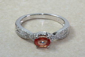 Natural Orange Sapphire and Diamond set Ring. Oval Pink Sapphire on Cross Over Diamond Ring. Engagement, Dress, Anniversary ,Statement Ring