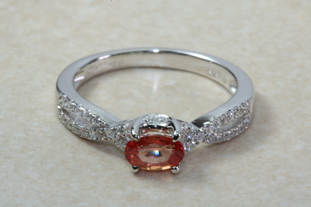 Natural Orange Sapphire and Diamond set Ring. Oval Pink Sapphire on Cross Over Diamond Ring. Engagement, Dress, Anniversary ,Statement Ring