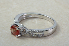 Load image into Gallery viewer, Natural Orange Sapphire and Diamond set Ring. Oval Pink Sapphire on Cross Over Diamond Ring. Engagement, Dress, Anniversary ,Statement Ring