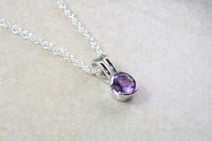 Natural Amethyst Necklace.Sterling Silver with 4.00 mm Round Amethyst Pendant Chain, birthday, anniversary or graduation gift