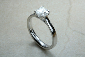 1.00 ct Radiant cut Forever One Moissanite Platinum Soitaire. DEF colour VVS1 clarity.