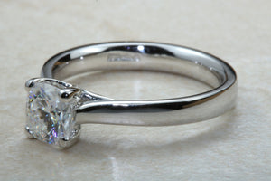 1.00 ct Radiant cut Forever One Moissanite Platinum Soitaire. DEF colour VVS1 clarity.