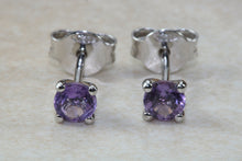 Load image into Gallery viewer, Natural Amethyst stud earrings, 18ct white gold, four claw solitaire studs,February birthstone,Aquarius zodiac gem.Ideal gift solution