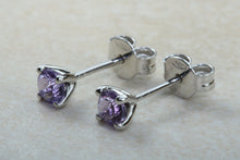 Load image into Gallery viewer, Natural Amethyst stud earrings, 18ct white gold, four claw solitaire studs,February birthstone,Aquarius zodiac gem.Ideal gift solution