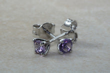 Load image into Gallery viewer, Natural Amethyst stud earrings, 18ct white gold, four claw solitaire studs,February birthstone,Aquarius zodiac gem.Ideal gift solution