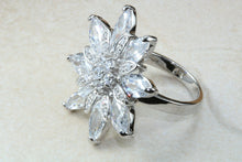 Load image into Gallery viewer, Very very large dress or statement ring, diamond white cubic zirconias set in sterling silver. snowflake ring. Perfect gift solution