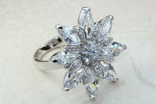 Load image into Gallery viewer, Very very large dress or statement ring, diamond white cubic zirconias set in sterling silver. snowflake ring. Perfect gift solution