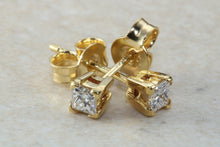Load image into Gallery viewer, Simple diamond solitaire stud earings,real princess cut diamonds set in 18ct yellow gold, perfect for everyday wear. Ideal gift solution
