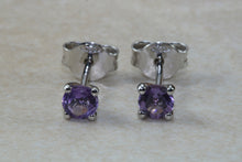Load image into Gallery viewer, Natural Amethyst stud earrings, 18ct white gold, four claw solitaire studs,February birthstone,Aquarius zodiac gem.Ideal gift solution